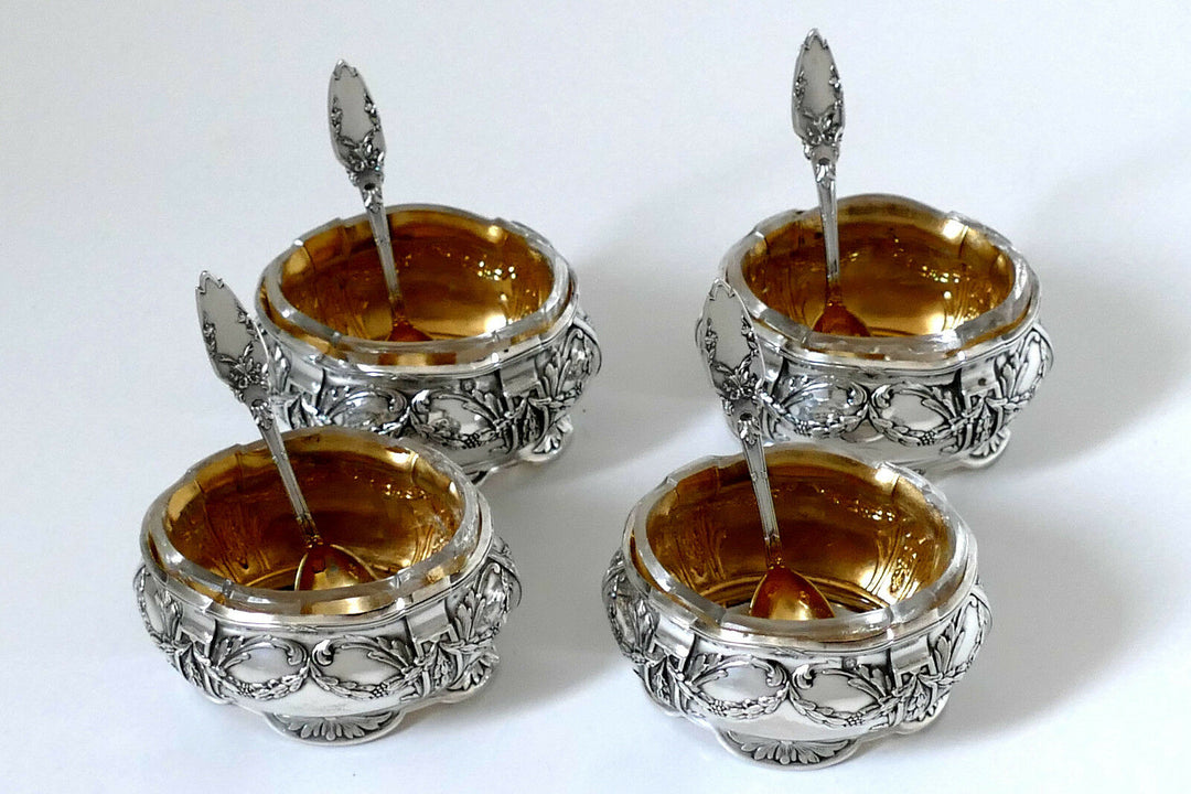 Collet French Sterling Silver 18k Gold Set 4 Salt Cellars, Spoons, Original box