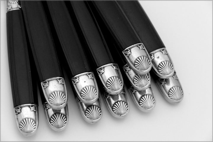 Antique French Silver & Carved Ebony Dinner Knife Set 12 pc w/box, Shell