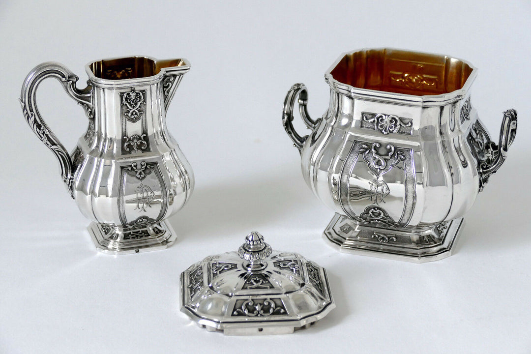 Puiforcat French Sterling Silver 18k Gold Tea, Coffee Set 4 pc, Regency