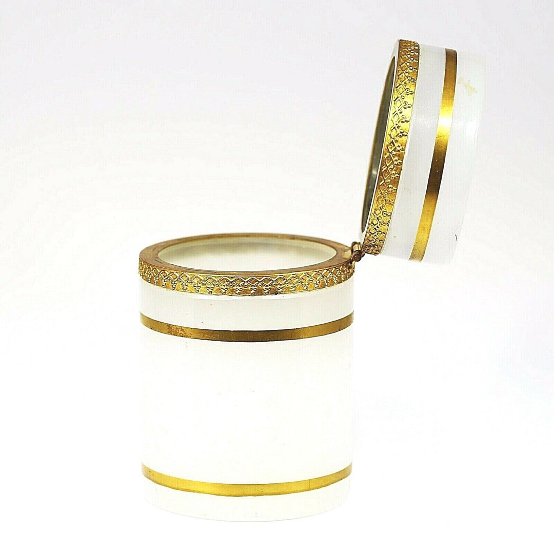 Vintage French trinket or jewelry BOX opaline glass w/ gold bands and hinged lid