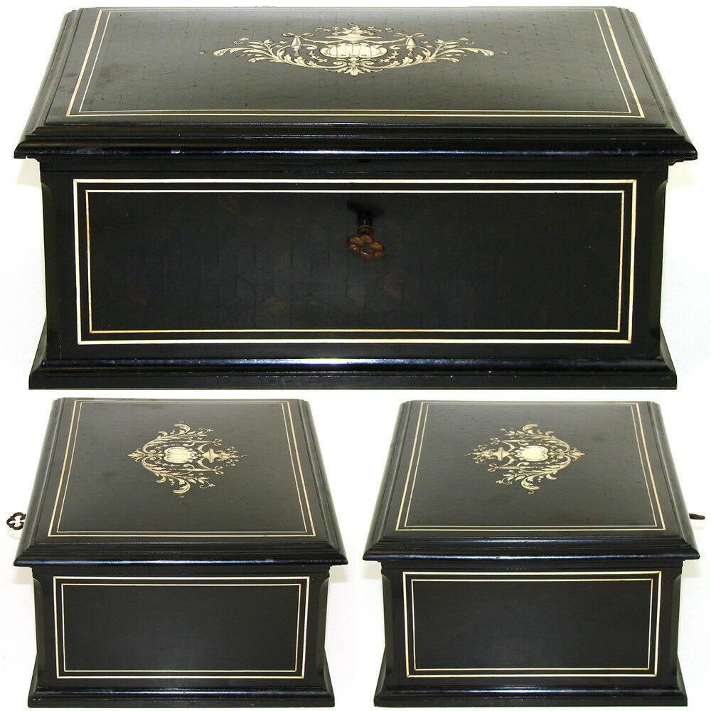Elegant Antique French 11" Jewelry or Desk Box, Ebony Marquetry & Ornate Inlay