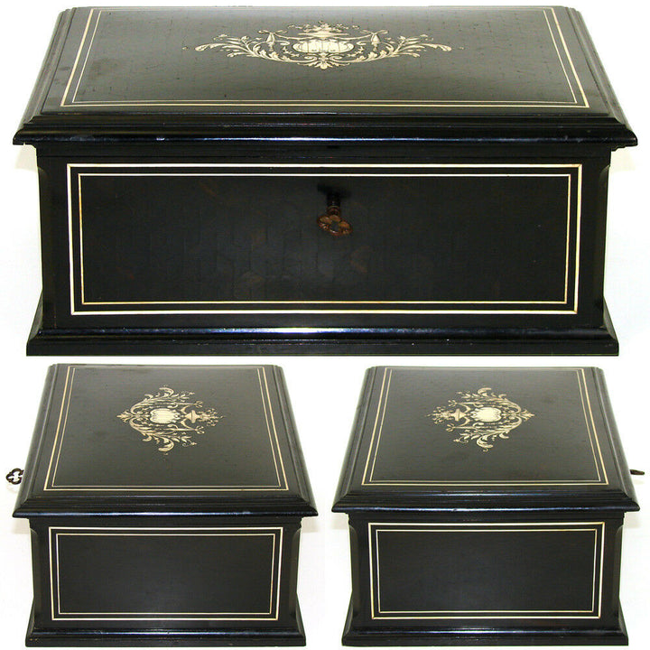 Elegant Antique French 11" Jewelry or Desk Box, Ebony Marquetry & Ornate Inlay