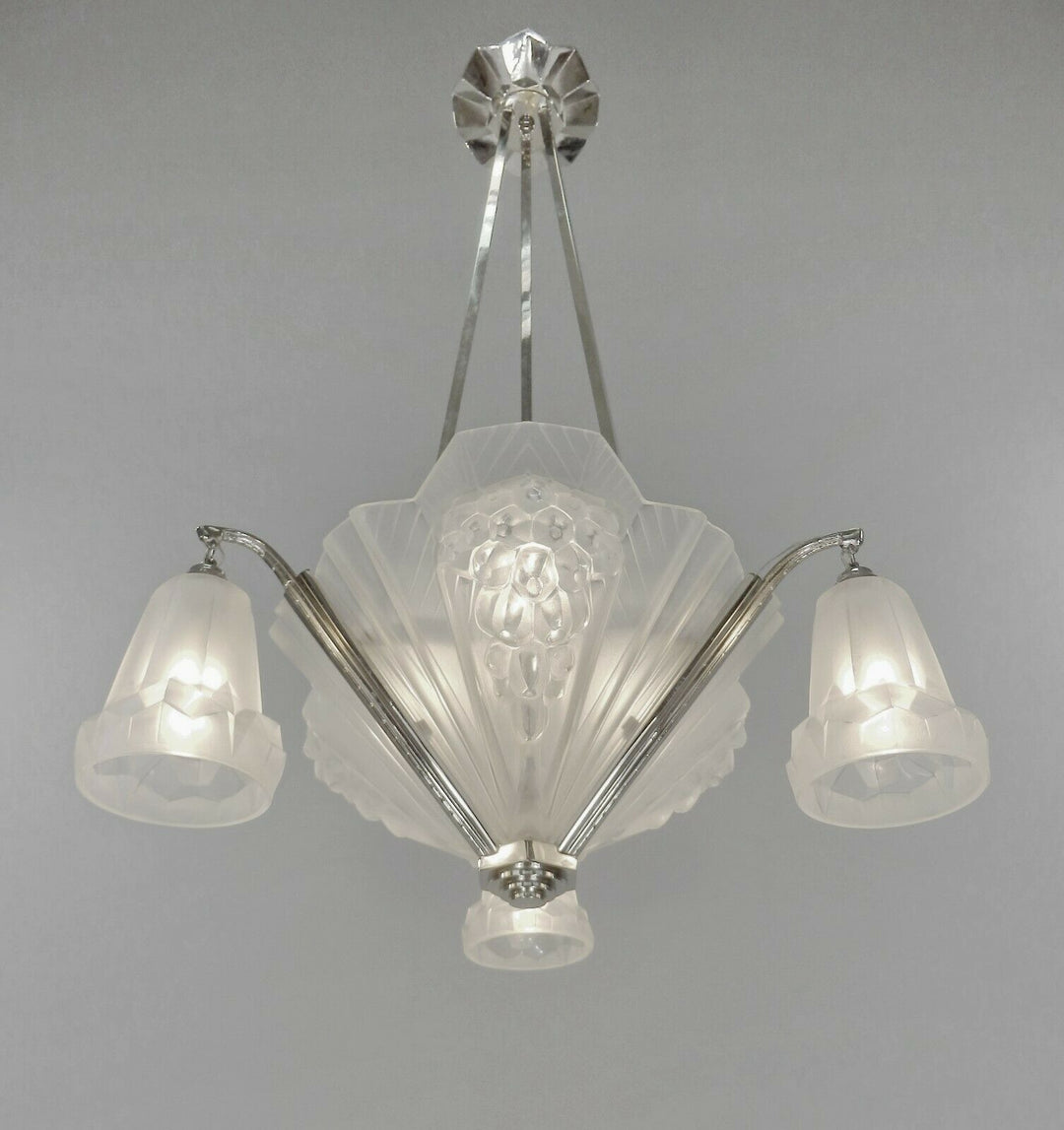 PETITOT : signed FRENCH 1930 ART DECO CHANDELIER ....... muller and degué shades