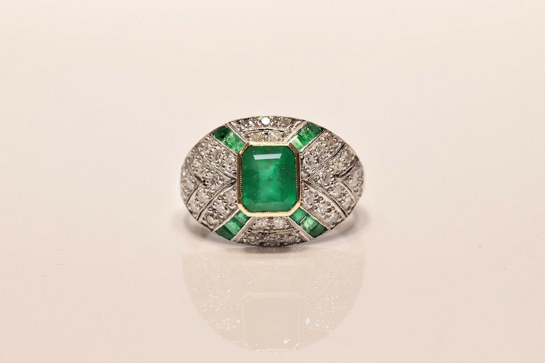 アンティーク アールデコ 18K ナチュラルダイヤモンドとエメラルドのリング