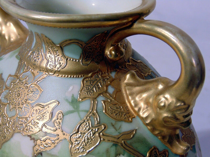 Japanese Nippon Porcelain Vase Elephant Handles Lion's Feet Swan White Roses