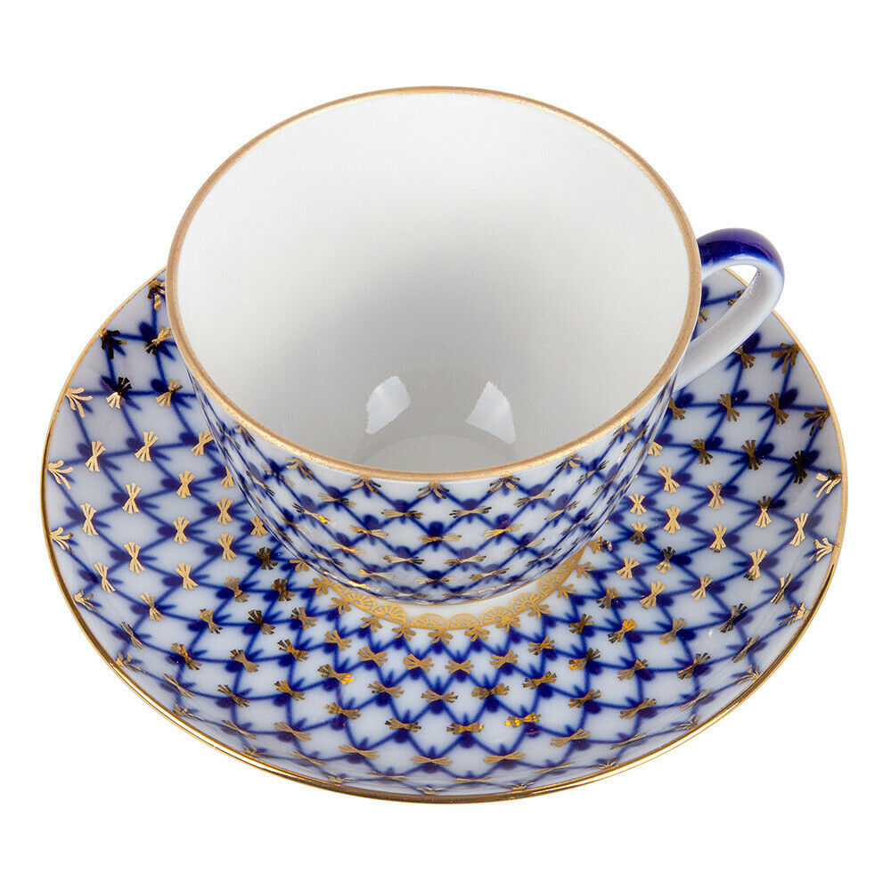 Cobalt Net Porcelain Teacup and Saucer, Imperial Porcelain Russia, 230 ml LFZ