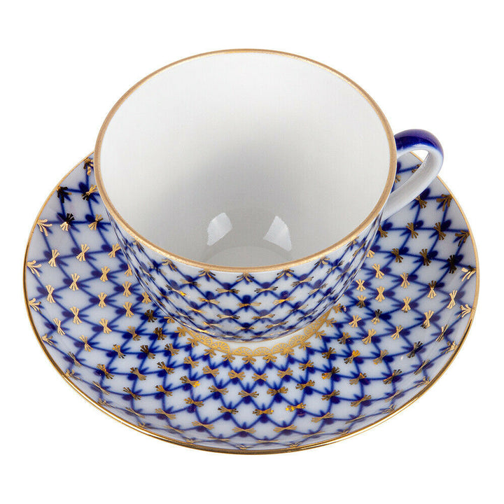 Cobalt Net Porcelain Teacup and Saucer, Imperial Porcelain Russia, 230 ml LFZ