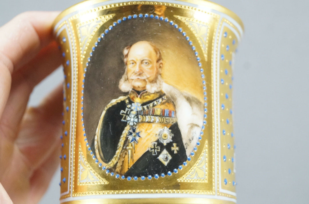 Dresden Hand Painted Wilhelm I Portrait Gold & Jeweled Empire Form Cup & Saucer