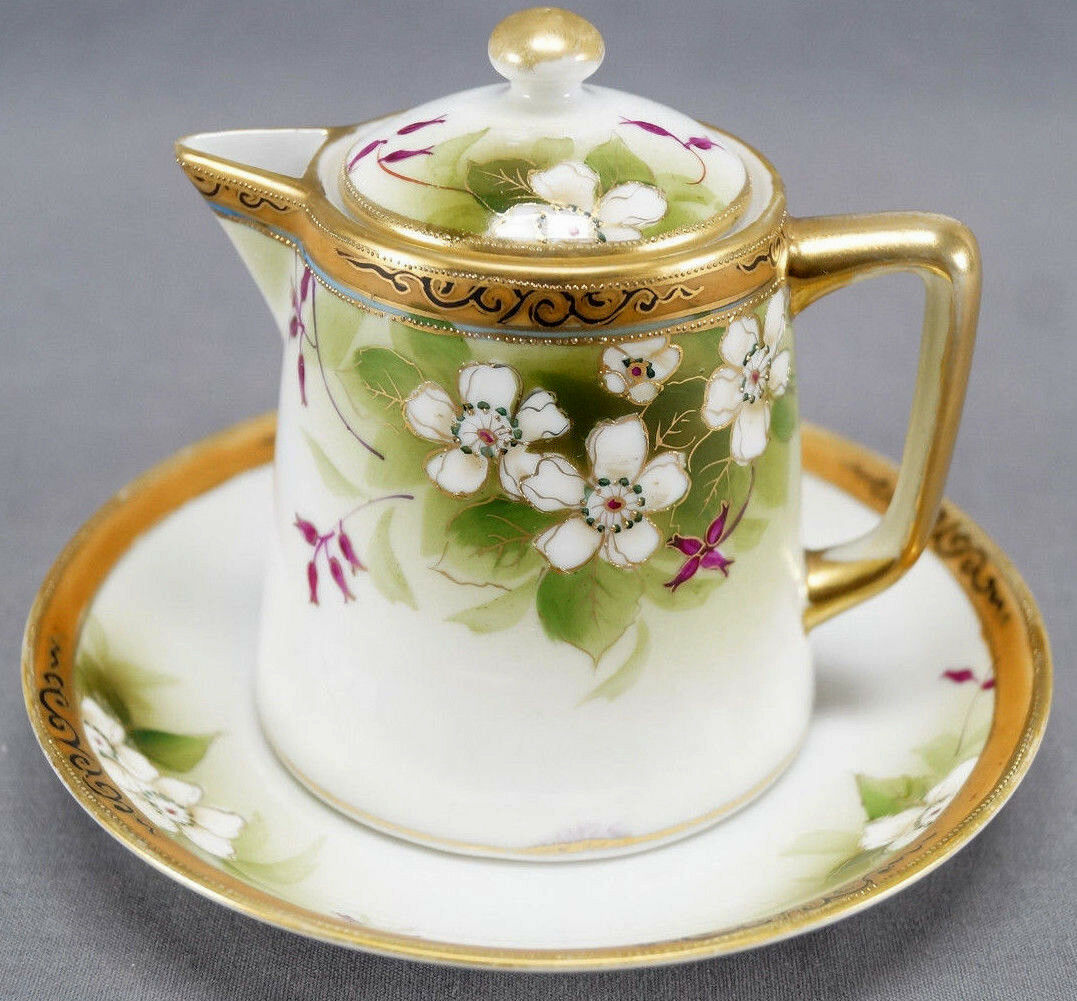 Nippon Morimura Hand Painted White Wild Rose Scrollwork & Beaded Syrup Pitcher