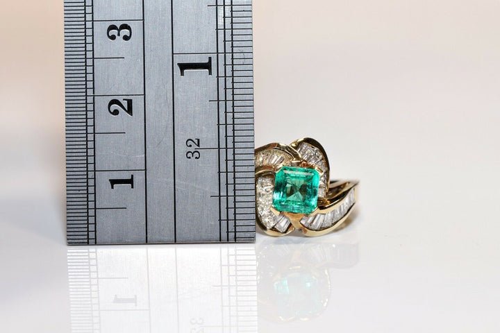 ヴィンテージ 14K バゲットカットダイヤモンドとエメラルドのリング