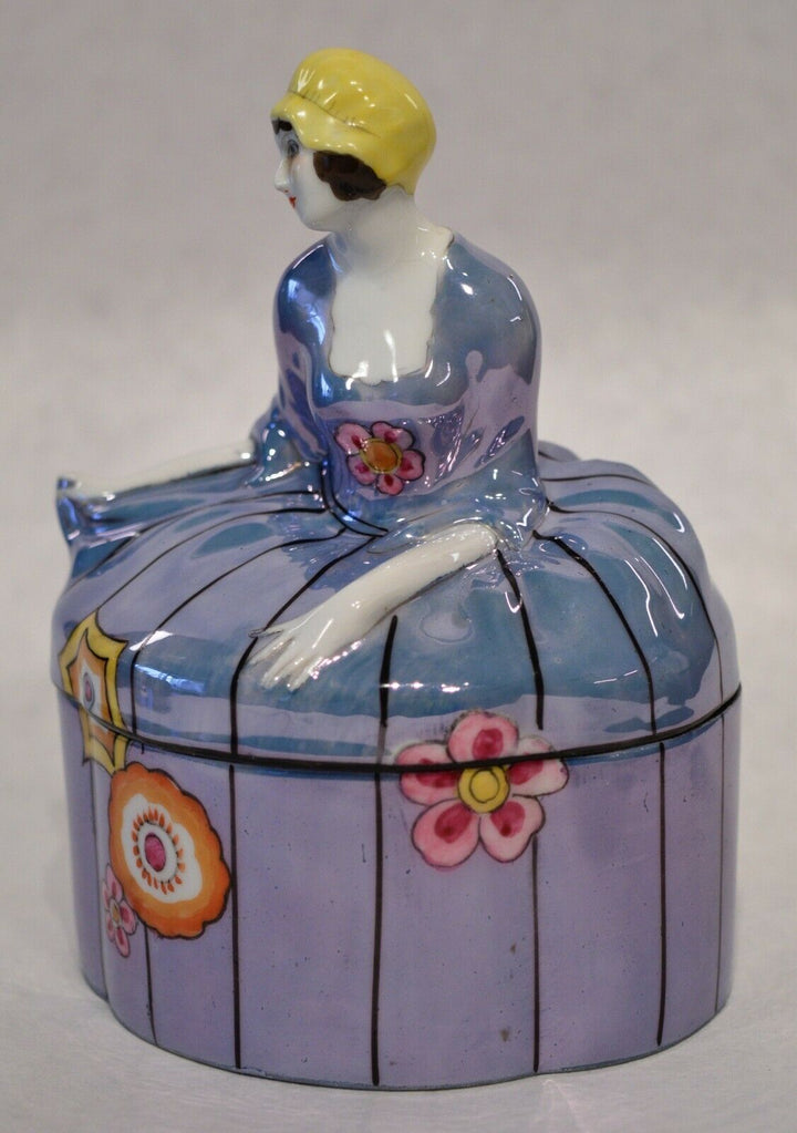 Great & scarce Art Deco lady Noritake blue luster oval box c.1920’s Superb!