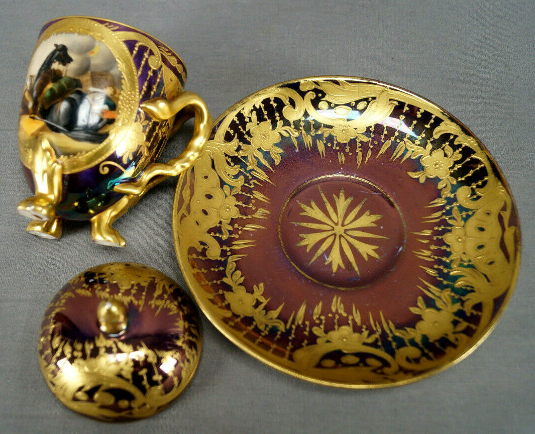 Royal Vienna Napoleonic Battle Scene Purple Luster & Gold Covered Chocolate Cup