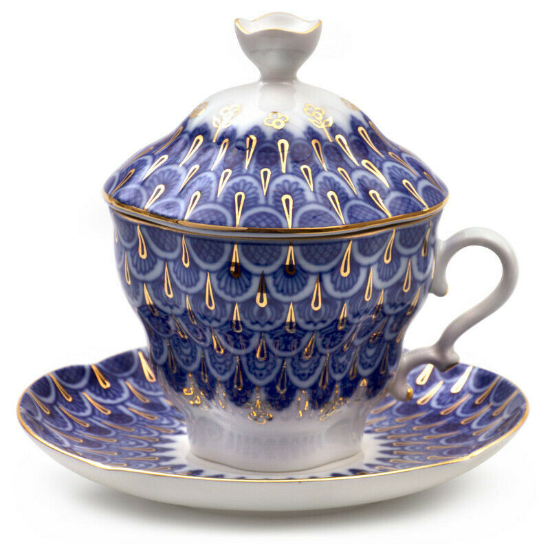 Flakes Teacup w/ Saucer & Lid by Imperial Porcelain Russian Lomonosov LFZ