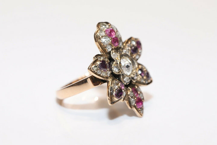 アンティーク ヴィクトリアン 14K ナチュラルローズカットダイヤモンド、ルビー、アメシストのリング