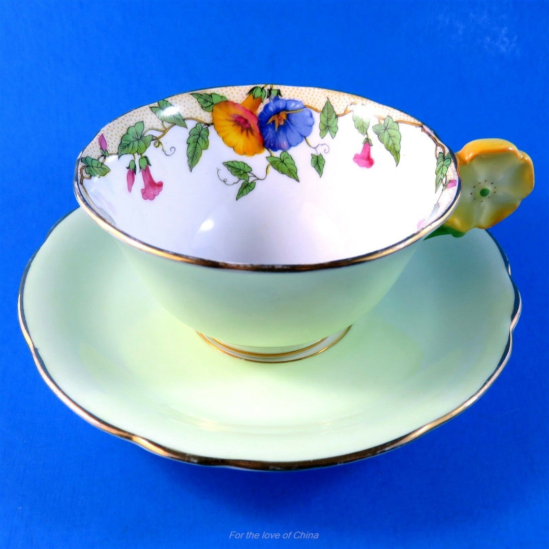 Light Green with Morning Glory Design Flower Handle Aynsley Tea Cup & Saucer