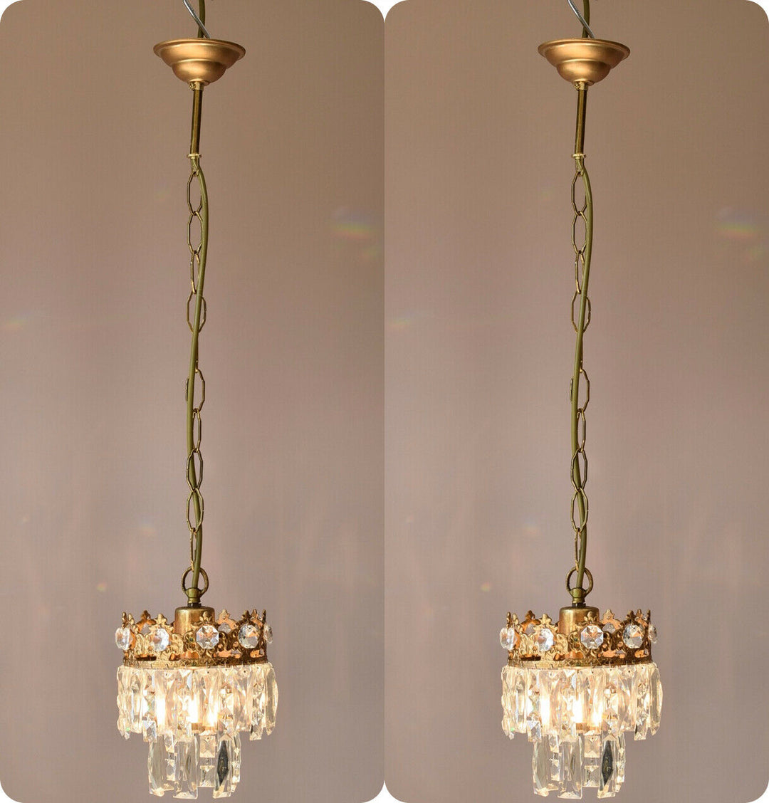 Matching Antique Crystal Chandeliers, Pair Vintage Pendant Kitchen Lighting Lamp