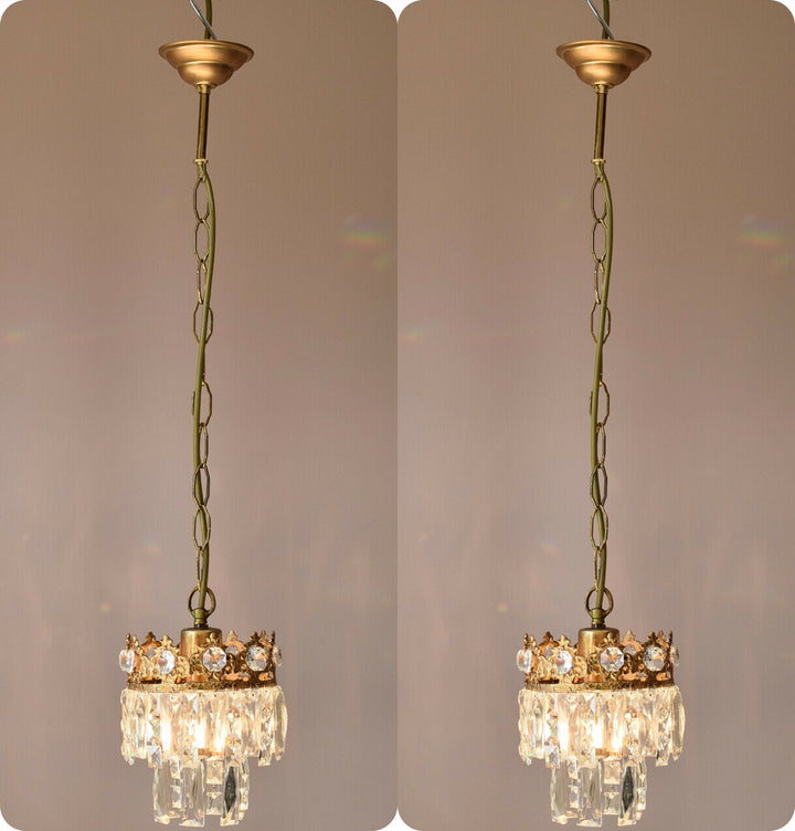 Matching Antique Crystal Chandeliers, Pair Vintage Pendant Kitchen Lighting Lamp