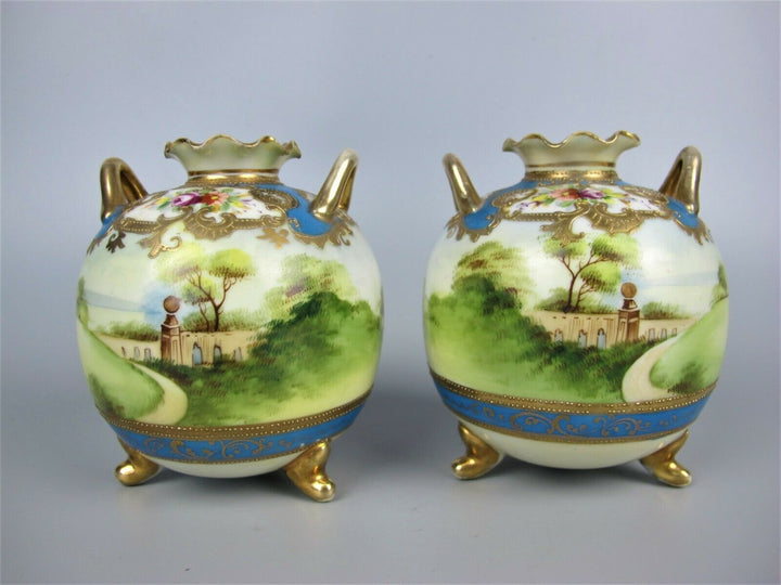 Pair of superb antique vtg Noritake rotund Vases / Urns. Hand painted blue c1910