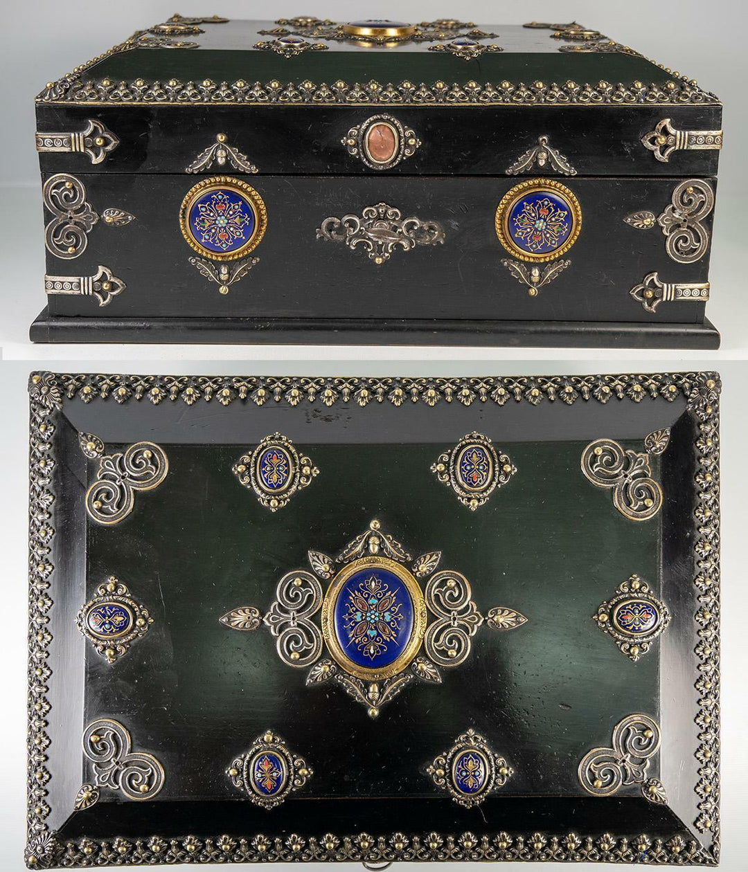 RARE 13.5" Antique French Table, Jewelry Box, Gem-Set Kiln-fired Enamel Plaques