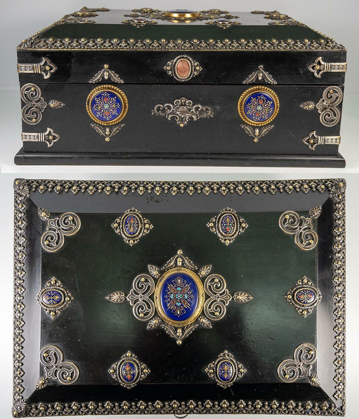 RARE 13.5" Antique French Table, Jewelry Box, Gem-Set Kiln-fired Enamel Plaques