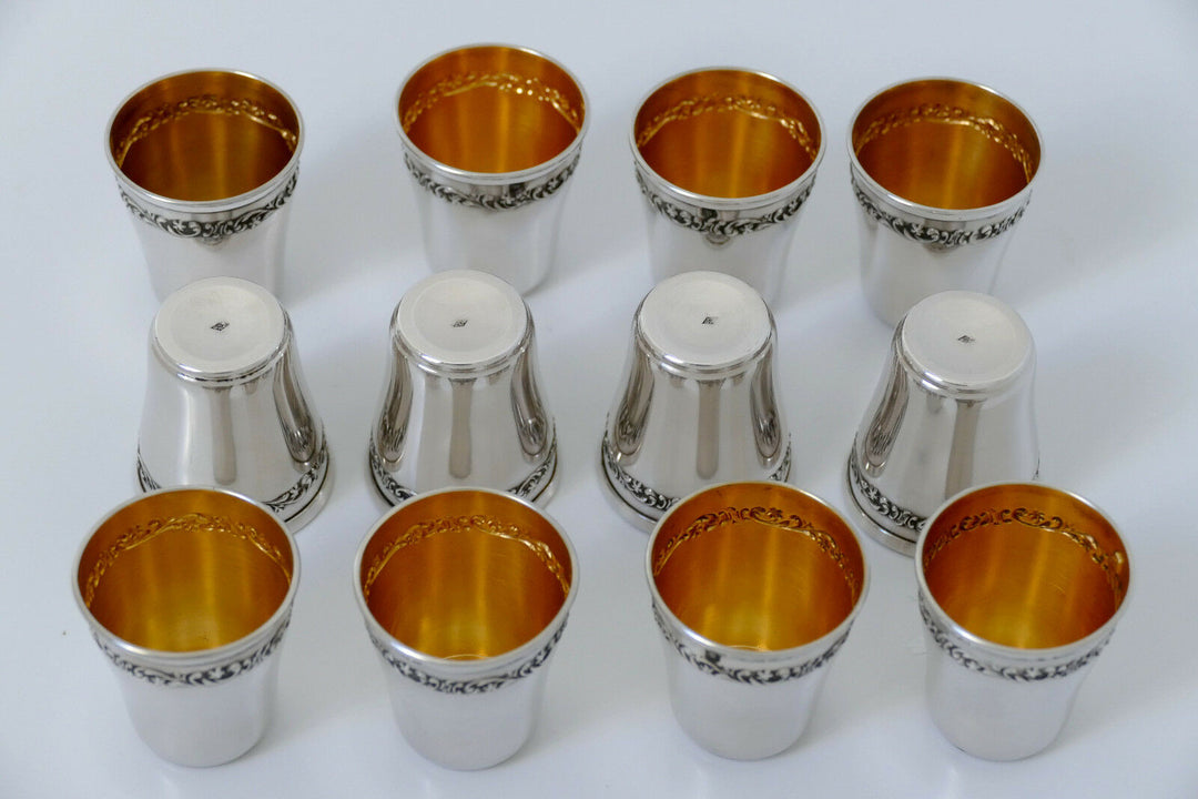 Antique French Sterling Silver 18k Gold Liquor Cups 12 pieces, Original Box