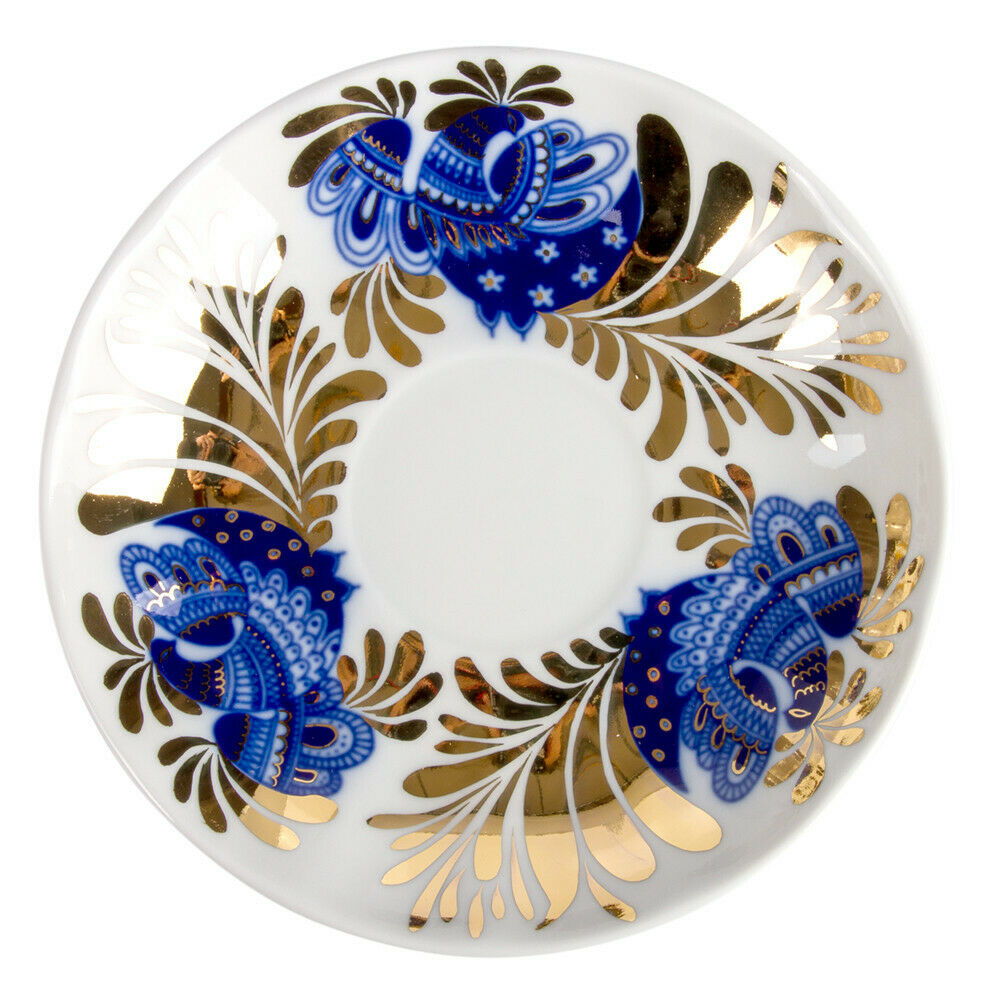 Imperial Porcelain Teacup & Saucer, Golden Garden Blue Bird Pattern, Lomonosov