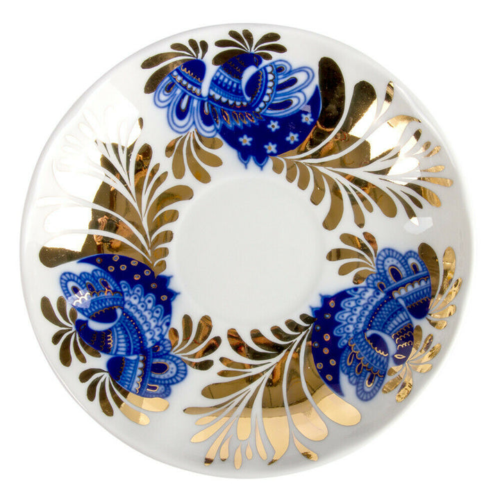 Imperial Porcelain Teacup & Saucer, Golden Garden Blue Bird Pattern, Lomonosov
