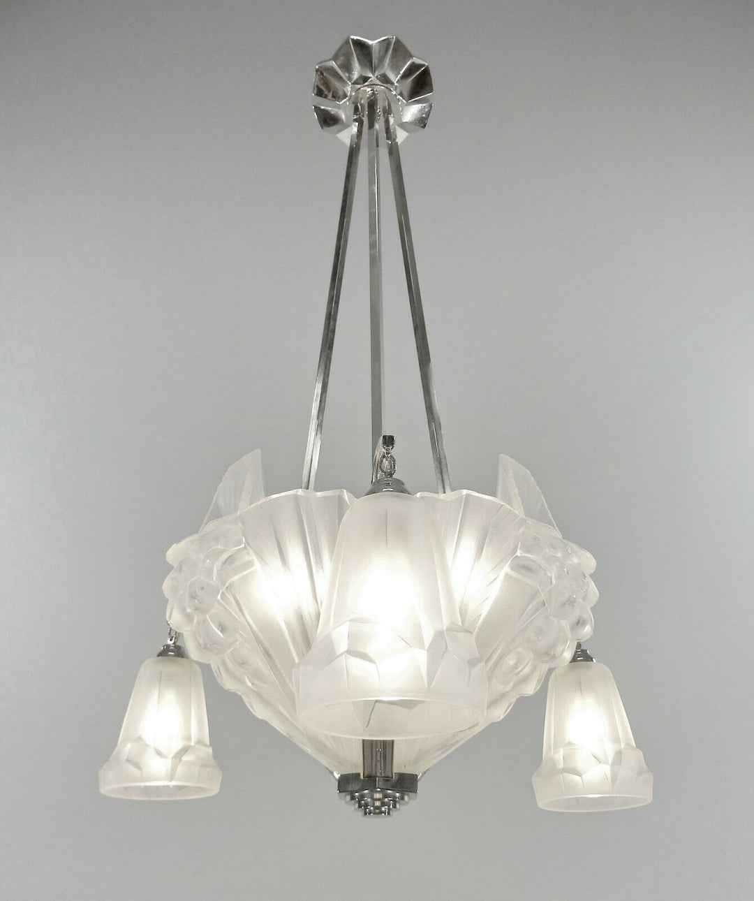 PETITOT : signed FRENCH 1930 ART DECO CHANDELIER ....... muller and degué shades