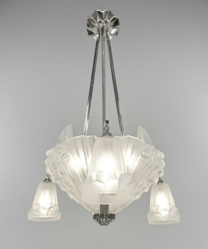 PETITOT : signed FRENCH 1930 ART DECO CHANDELIER ....... muller and degué shades