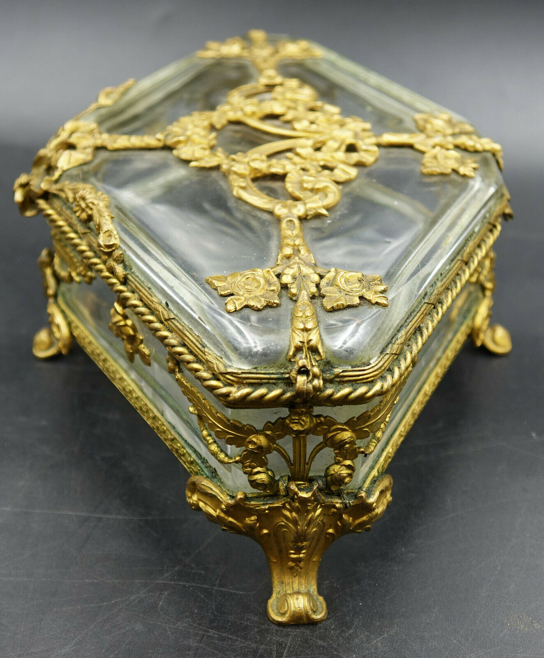 Louis XV French Baccarat Jewelry Box Crystal Ormolu Dore Bronze Rhombus Shaped