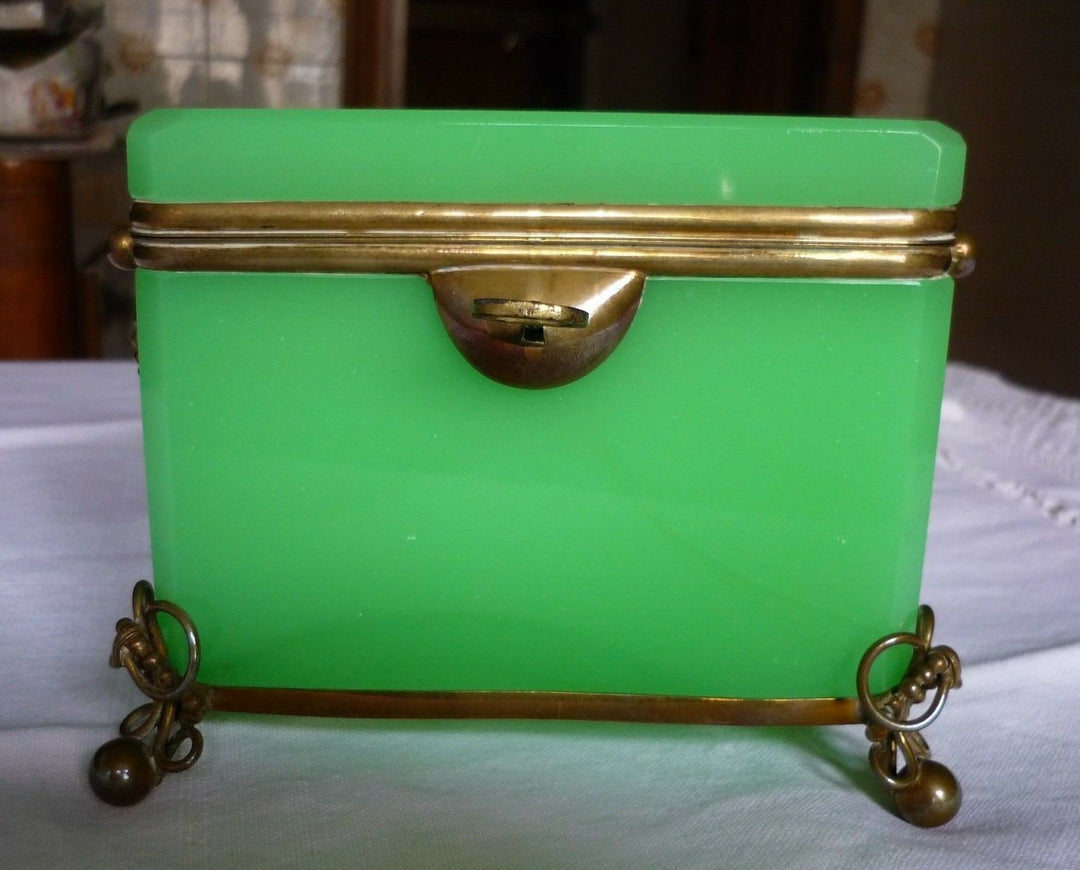 French/Bohemian Opaline/Vaseline Glass Casket Box 19th C Green