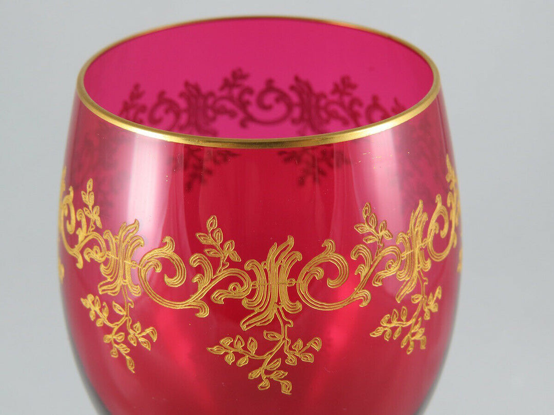 FINE FRENCH Baccarat RUBY GLASS SET OF 6 WINE GOBLET w/ GOLD, Recamier PATTERN