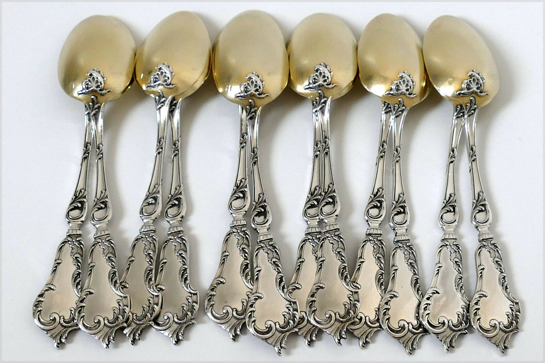 Soufflot French Sterling Silver 18k Gold Tea Coffee Spoons Set 12 pc Rococo