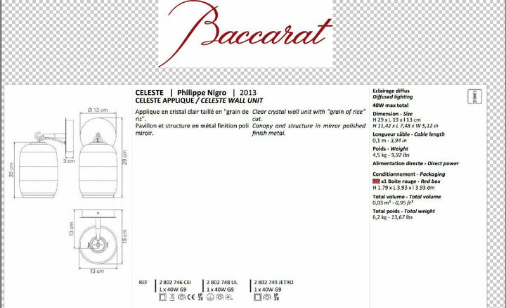 BACCARAT CELESTE WALL UNIT UL LAMP SCONCE BRAND NEW IN ORIGINAL BOX FRANCE