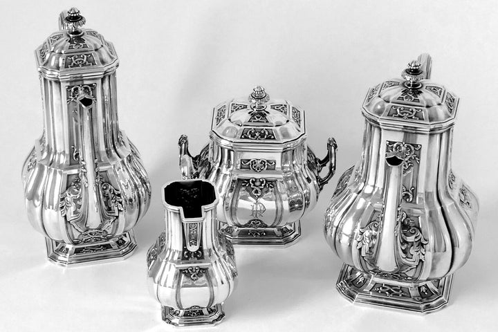 Puiforcat French Sterling Silver 18k Gold Tea, Coffee Set 4 pc, Regency