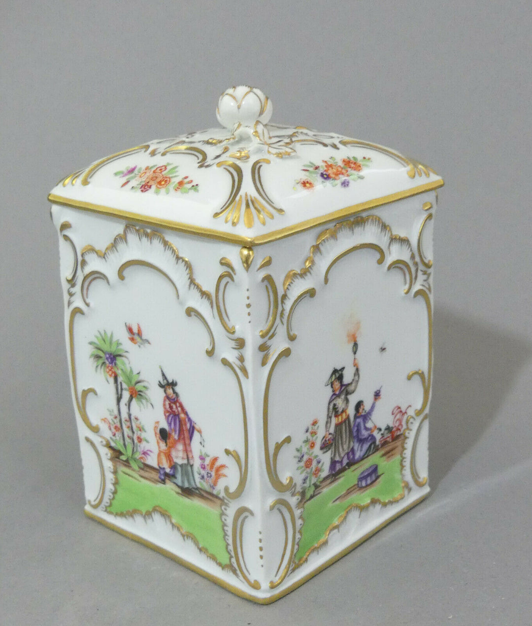  ⚔ Meissen quadr. Teedose Hoeroldt Chinoiserien H.14cm 1.Wahl TOP Pfeifferzeit