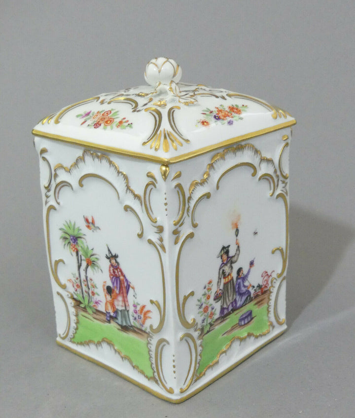  ⚔ Meissen quadr. Teedose Hoeroldt Chinoiserien H.14cm 1.Wahl TOP Pfeifferzeit