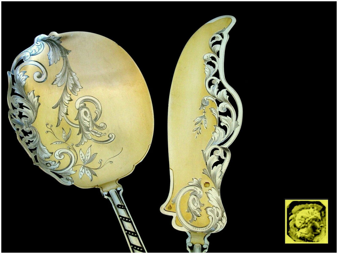 Soufflot Top French Sterling Silver 18k Gold Ice Cream Set 2 pc w/box Rococo