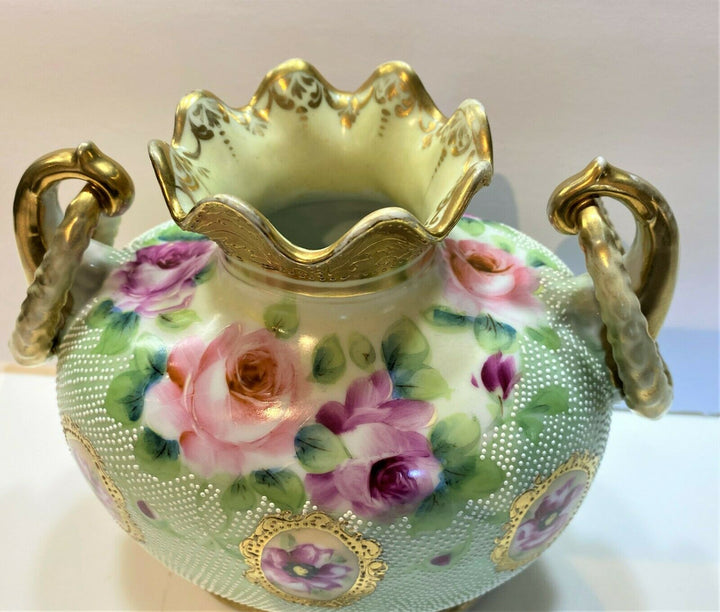 オールドノリタケ　メイプルリーフ印　ピンクローズの花瓶