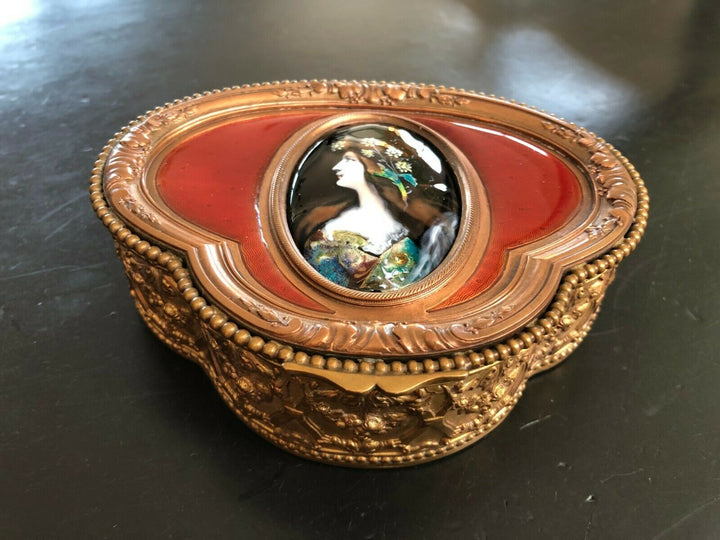 ANTIQUE FRENCH HINGED BRONZE BOX WITH LIMOGE HAND PAINTED ENAMEL