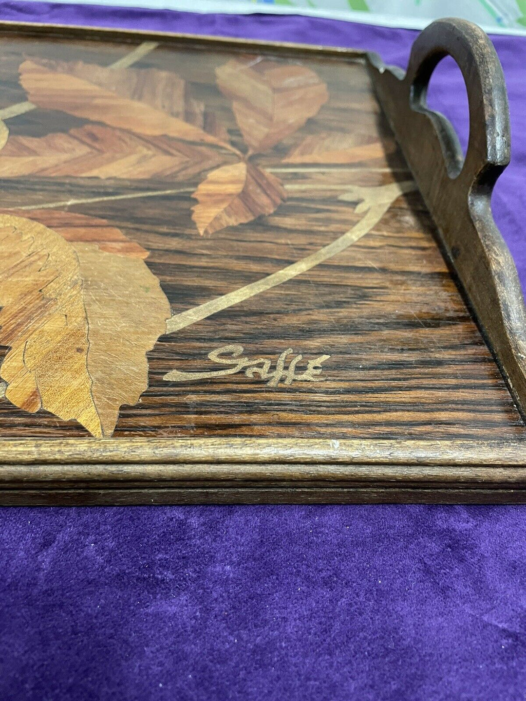 ANCIEN PLATEAU MARQUETERIE SIGNE GALLE ÉPOQUE ART NOUVEAU NOYER