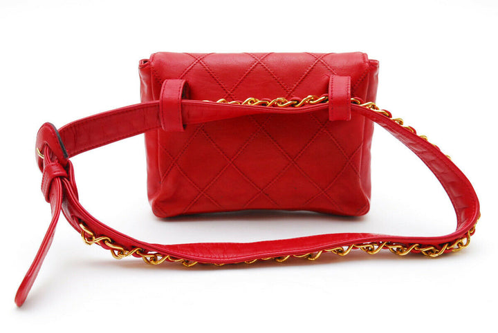 Auth CHANEL Quilted CC Chain Belt Waist Bum Bag Red Leather