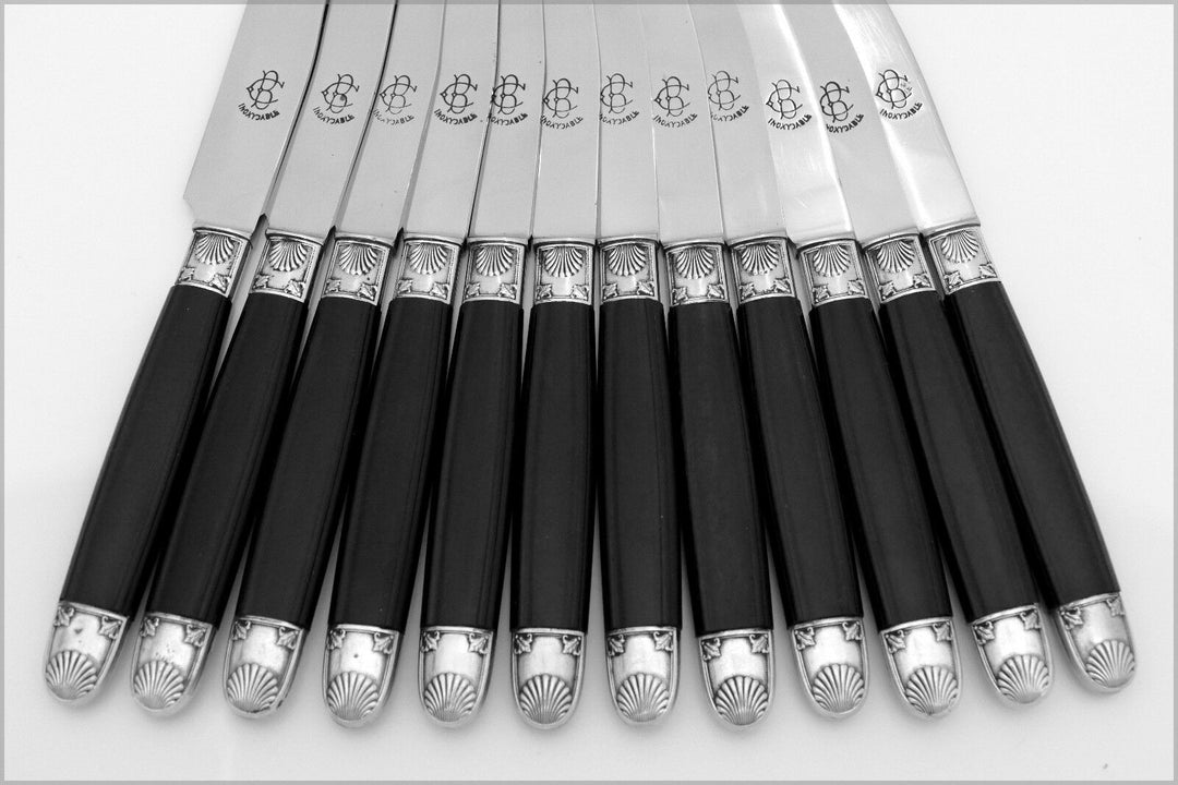 Antique French Silver & Carved Ebony Dinner Knife Set 12 pc w/box, Shell