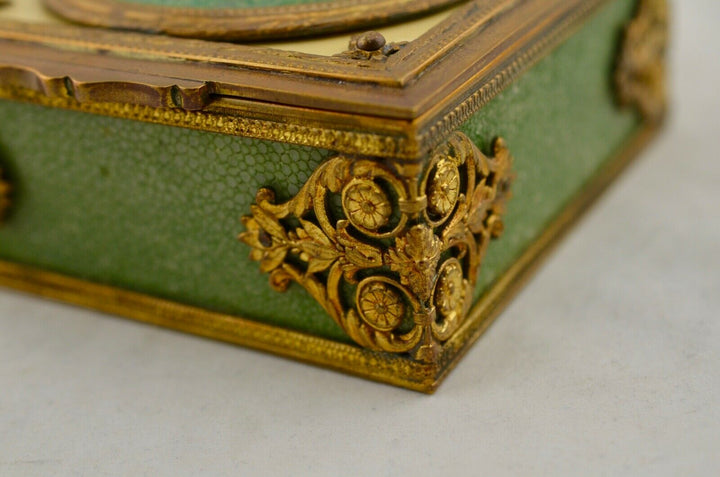 Antique French C.19th shagreen & gilt ormolu bronze hinged dressing table box