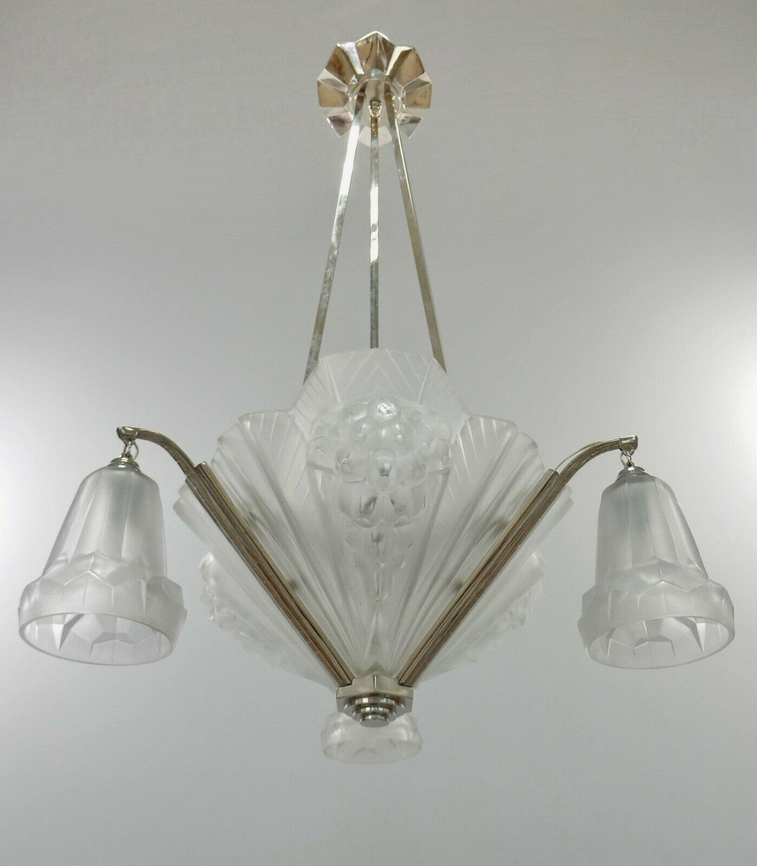 PETITOT : signed FRENCH 1930 ART DECO CHANDELIER ....... muller and degué shades