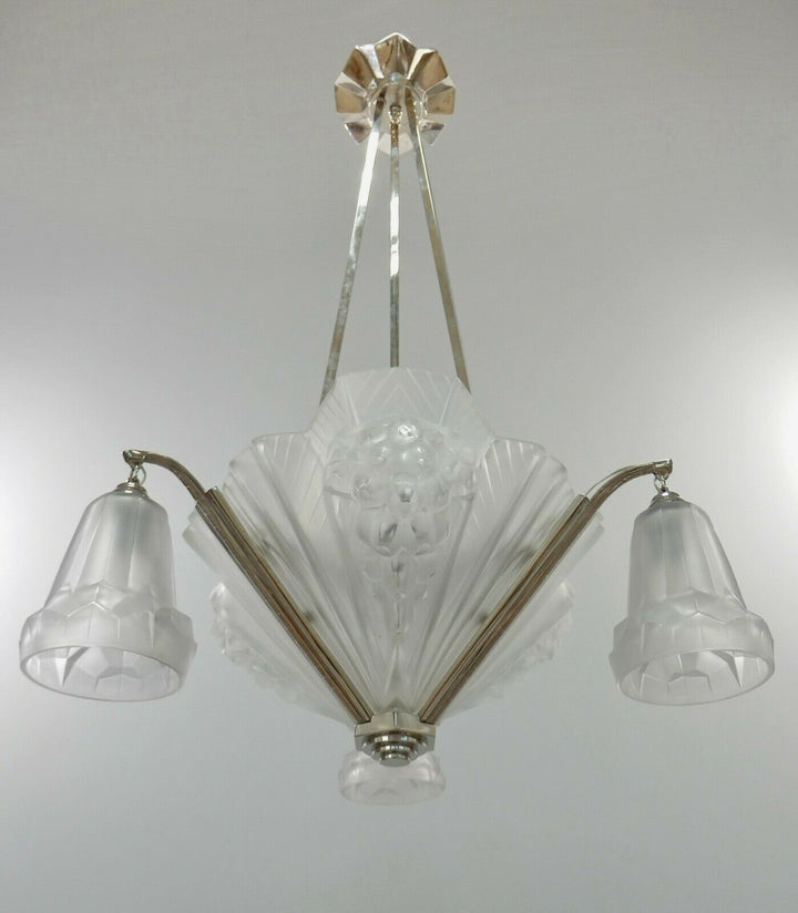 PETITOT : signed FRENCH 1930 ART DECO CHANDELIER ....... muller and degué shades