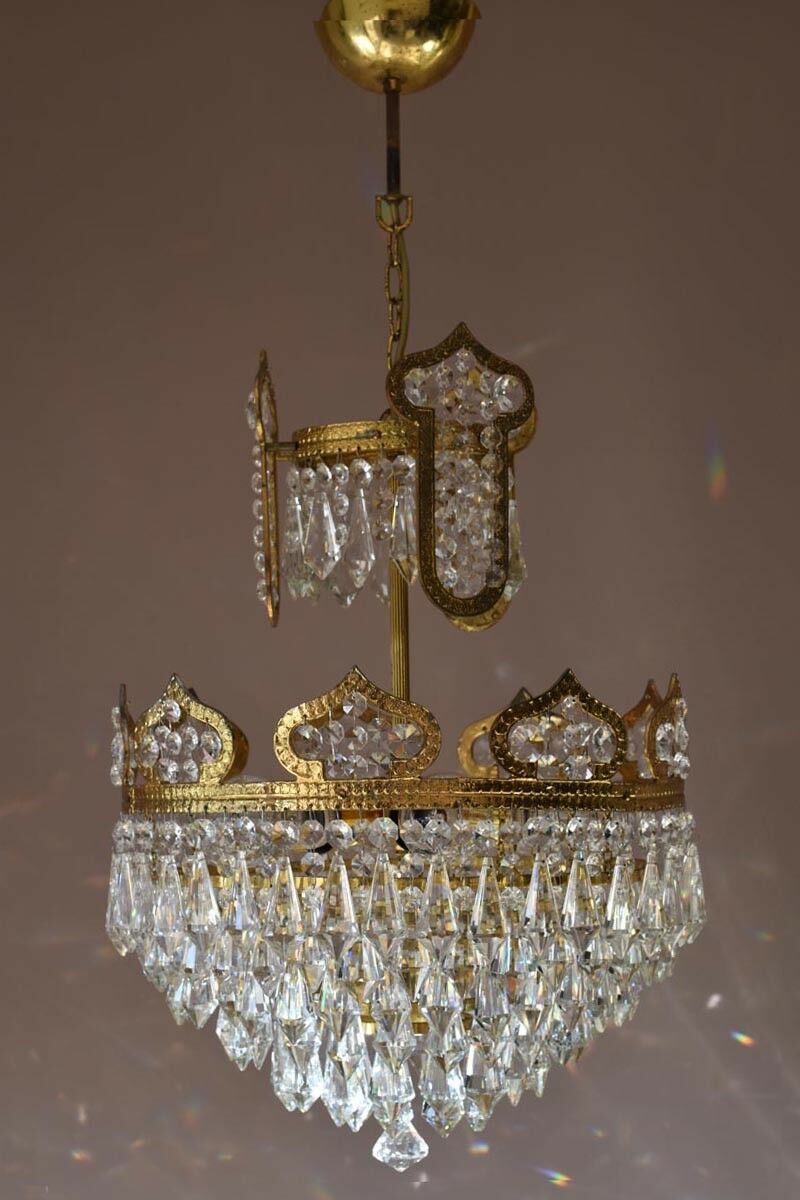 Vintage Crystal Chandelier Antique Lighting Pendants Lamp Handmade French Brass