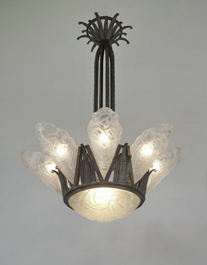 DEGUÉ : VERY LARGE 1930 FRENCH ART DECO CHANDELIER ... wrought iron muller era