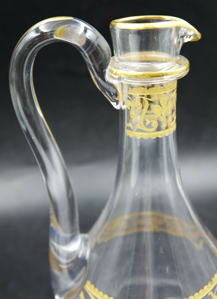 French Baccarat Crystal Handled Wine Decanter Gold Encrusted Fleur De Lys 1907
