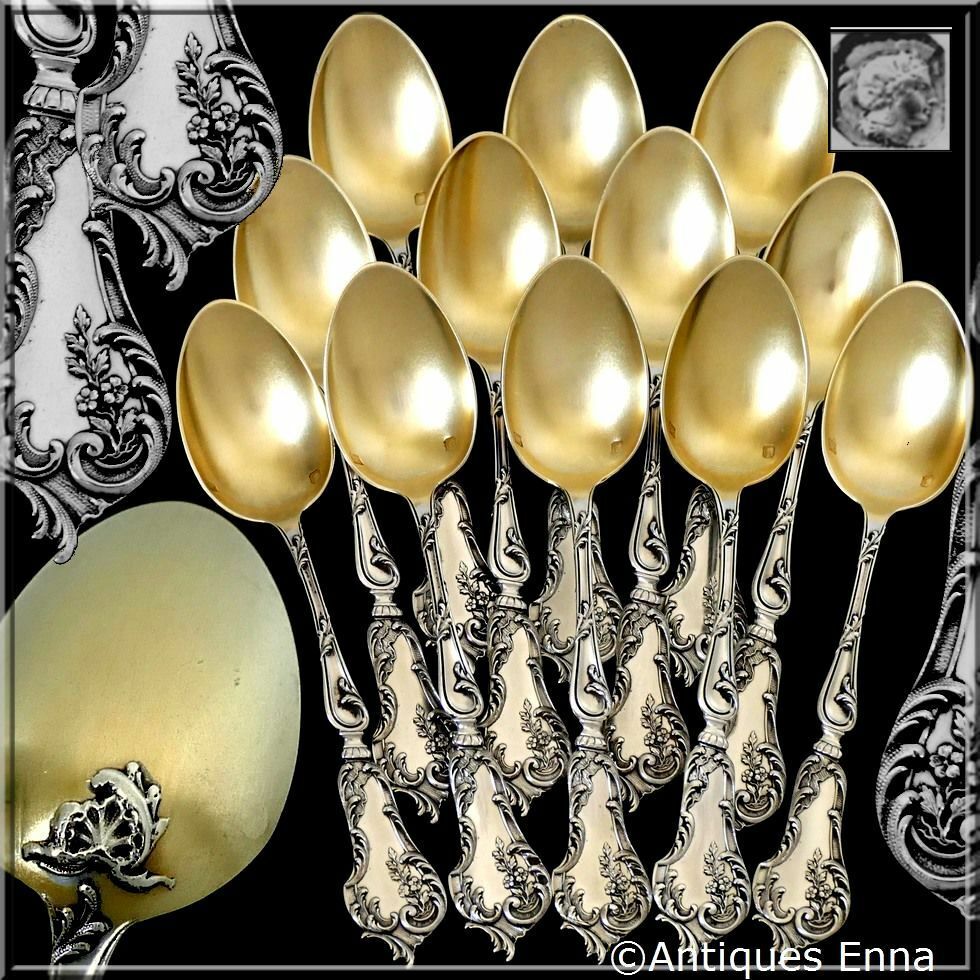 Soufflot French Sterling Silver 18k Gold Tea Coffee Spoons Set 12 pc Rococo